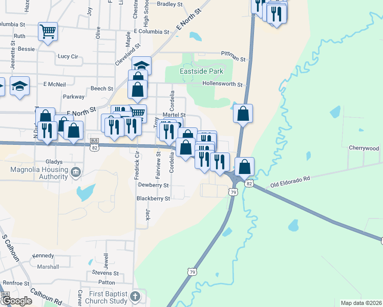 map of restaurants, bars, coffee shops, grocery stores, and more near 1640 East Main Street in Magnolia