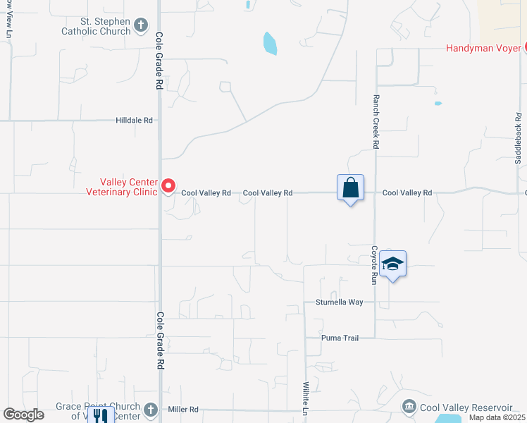 map of restaurants, bars, coffee shops, grocery stores, and more near 14443 Cool Valley Road in Valley Center