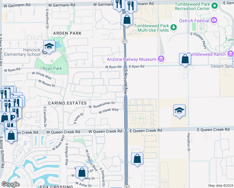 map of restaurants, bars, coffee shops, grocery stores, and more near 115 West Goldfinch Way in Chandler