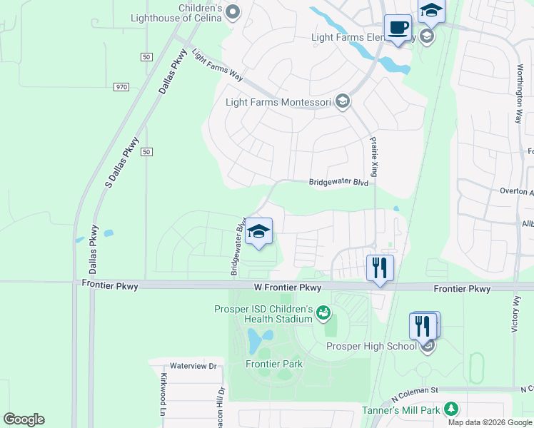 map of restaurants, bars, coffee shops, grocery stores, and more near 1624 Ellington Drive in Celina