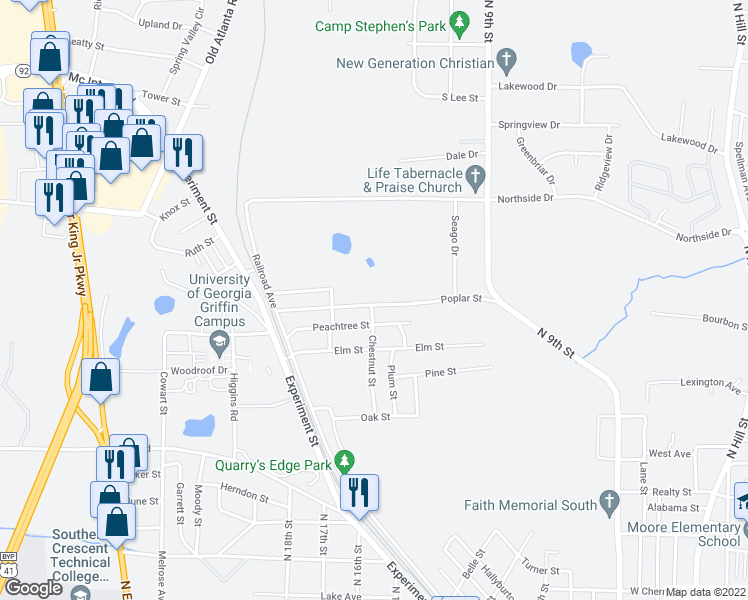 map of restaurants, bars, coffee shops, grocery stores, and more near 179 Poplar Street in Griffin