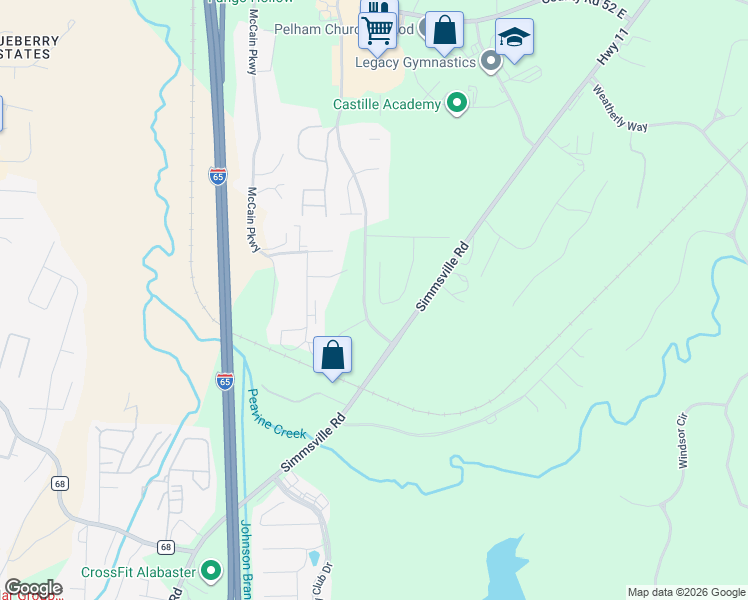 map of restaurants, bars, coffee shops, grocery stores, and more near Huntley Parkway in Pelham