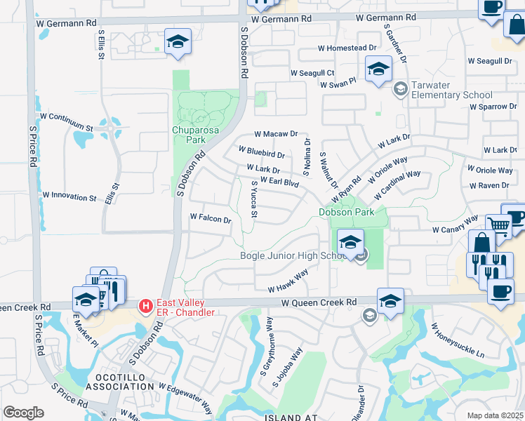 map of restaurants, bars, coffee shops, grocery stores, and more near 1821 West Raven Drive in Chandler