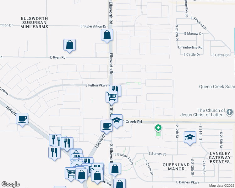 map of restaurants, bars, coffee shops, grocery stores, and more near 20133 South Ellsworth Road in Queen Creek
