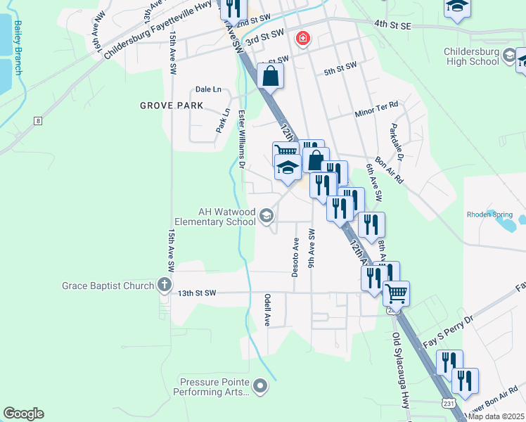 map of restaurants, bars, coffee shops, grocery stores, and more near 3002 Limbaugh Avenue in Childersburg