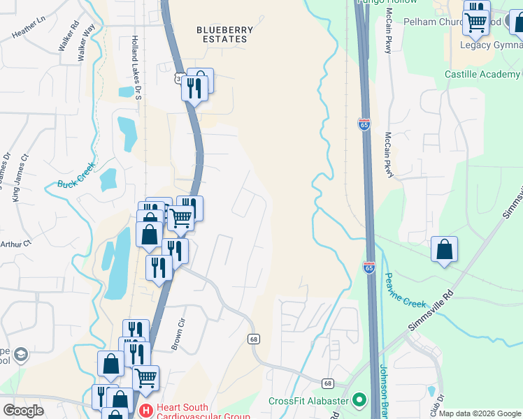 map of restaurants, bars, coffee shops, grocery stores, and more near 103 Highview Cove in Pelham