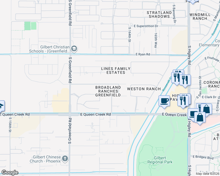map of restaurants, bars, coffee shops, grocery stores, and more near 2668 East Arrowhead Trail in Gilbert
