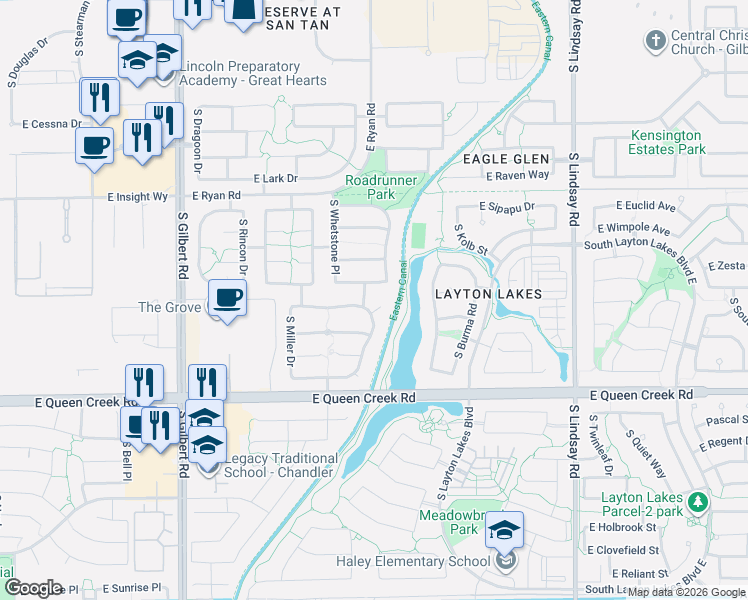 map of restaurants, bars, coffee shops, grocery stores, and more near 3419 East Goldfinch Way in Chandler