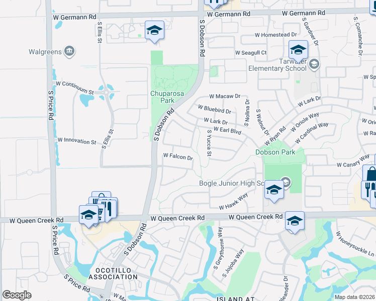 map of restaurants, bars, coffee shops, grocery stores, and more near 2673 South Salida Del Sol Court in Chandler
