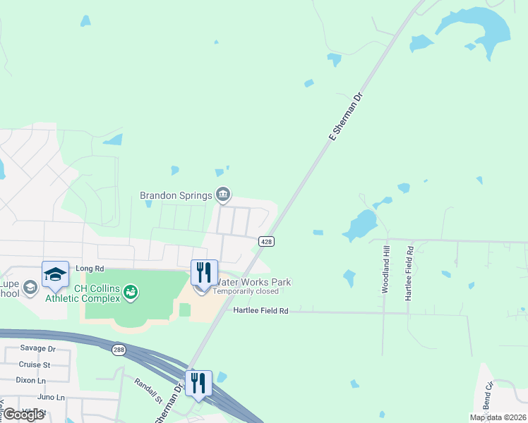 map of restaurants, bars, coffee shops, grocery stores, and more near 2601 Chevy Chase Drive in Denton
