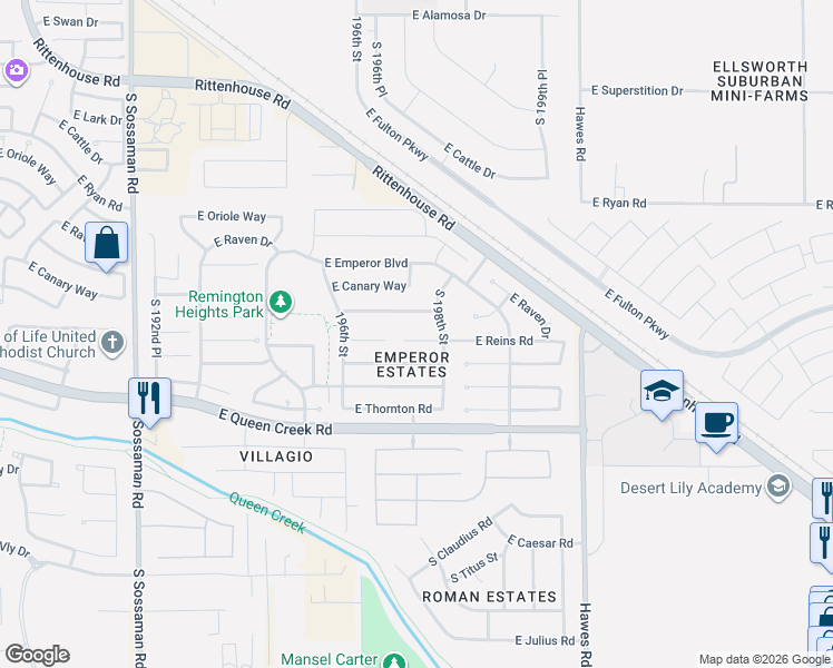 map of restaurants, bars, coffee shops, grocery stores, and more near 19739 East Arrowhead Trail in Queen Creek