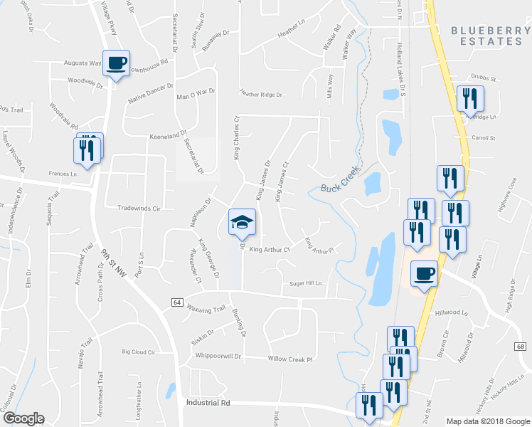 map of restaurants, bars, coffee shops, grocery stores, and more near 1576 King James Drive in Alabaster