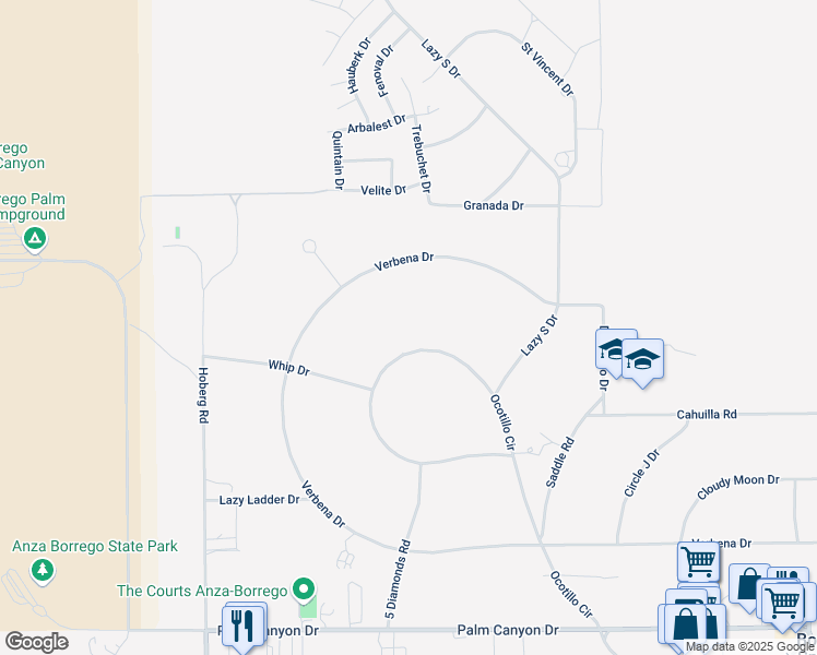map of restaurants, bars, coffee shops, grocery stores, and more near 341 Ocotillo Circle in Borrego Springs