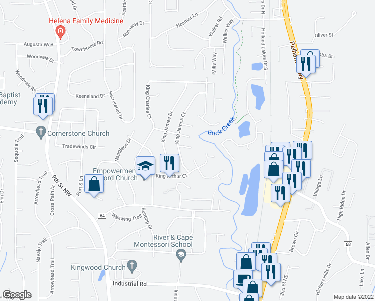 map of restaurants, bars, coffee shops, grocery stores, and more near 108 Spring Place in Alabaster