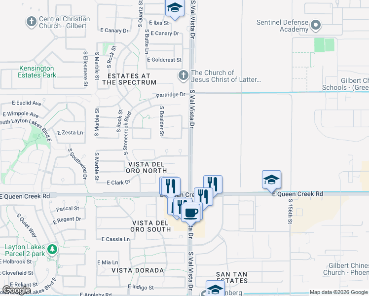 map of restaurants, bars, coffee shops, grocery stores, and more near 4577 South Redrock Street in Gilbert