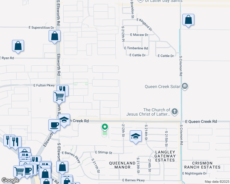 map of restaurants, bars, coffee shops, grocery stores, and more near 21186 East Reins Road in Queen Creek