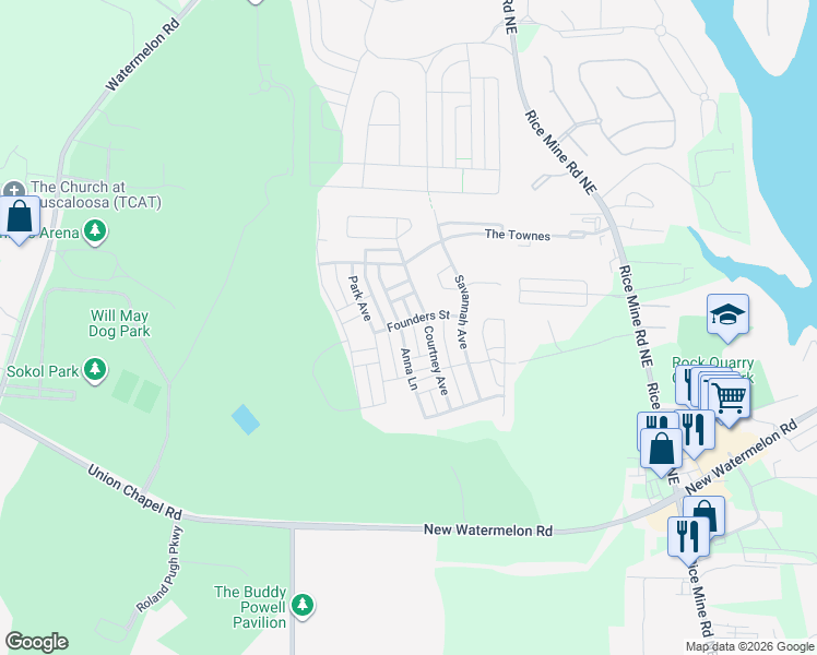 map of restaurants, bars, coffee shops, grocery stores, and more near 5412 Anna Lane in Tuscaloosa
