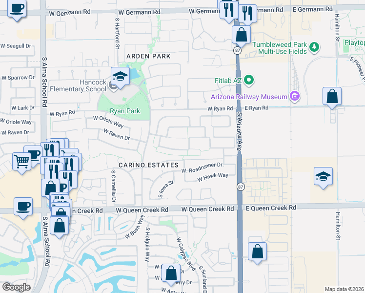 map of restaurants, bars, coffee shops, grocery stores, and more near 273 West Raven Drive in Chandler