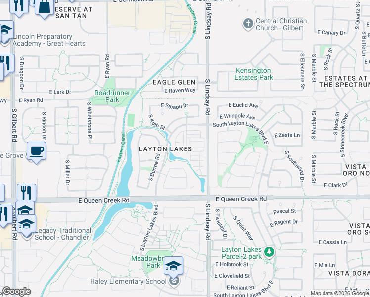 map of restaurants, bars, coffee shops, grocery stores, and more near 4602 South Renaissance Drive in Gilbert