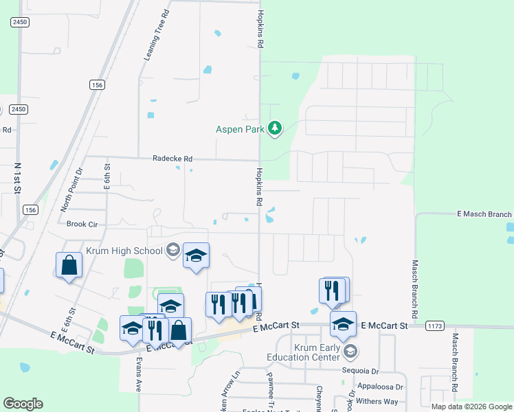 map of restaurants, bars, coffee shops, grocery stores, and more near 3595 Hopkins Road in Krum