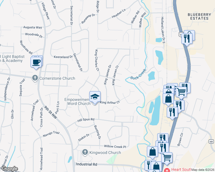 map of restaurants, bars, coffee shops, grocery stores, and more near 1592 King James Drive in Alabaster