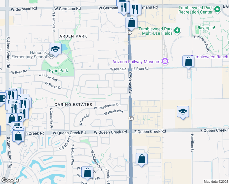 map of restaurants, bars, coffee shops, grocery stores, and more near 133 West Raven Drive in Chandler