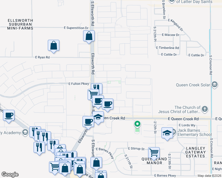 map of restaurants, bars, coffee shops, grocery stores, and more near 20956 East Arrowhead Trail in Queen Creek