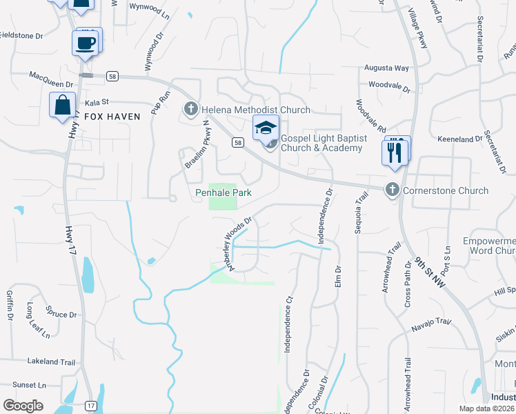map of restaurants, bars, coffee shops, grocery stores, and more near 1132 Amberley Woods Drive in Helena