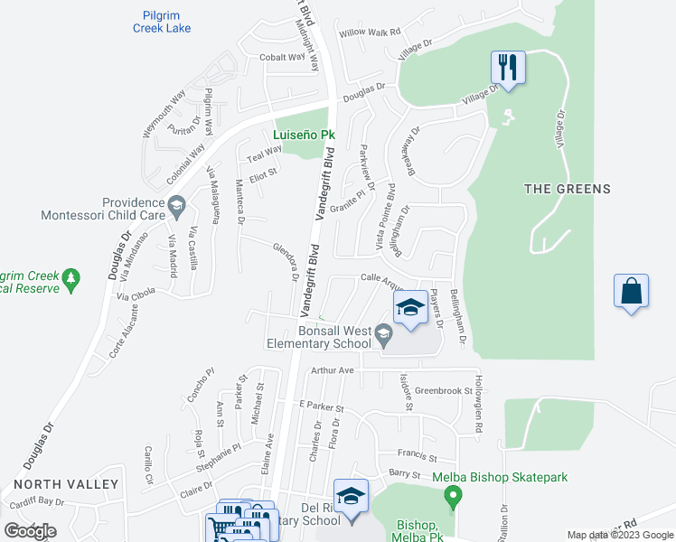 map of restaurants, bars, coffee shops, grocery stores, and more near 4991 Calle Arquero in Oceanside