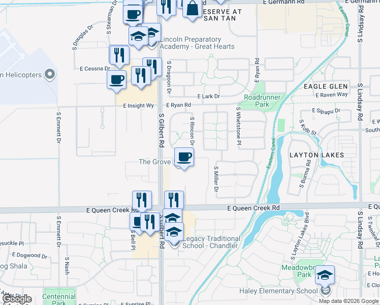 map of restaurants, bars, coffee shops, grocery stores, and more near 3098 East Goldfinch Way in Chandler