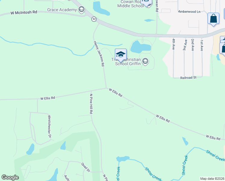 map of restaurants, bars, coffee shops, grocery stores, and more near West Ellis Road in Griffin