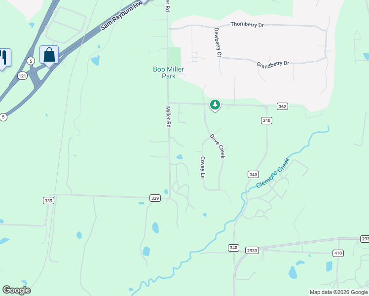 map of restaurants, bars, coffee shops, grocery stores, and more near 1228 Miller Road in Melissa