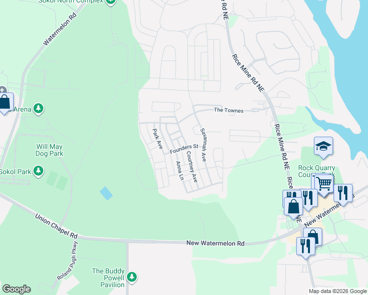 map of restaurants, bars, coffee shops, grocery stores, and more near Founders Street in Tuscaloosa