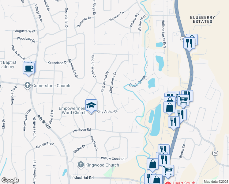 map of restaurants, bars, coffee shops, grocery stores, and more near 105 Spring Place in Alabaster