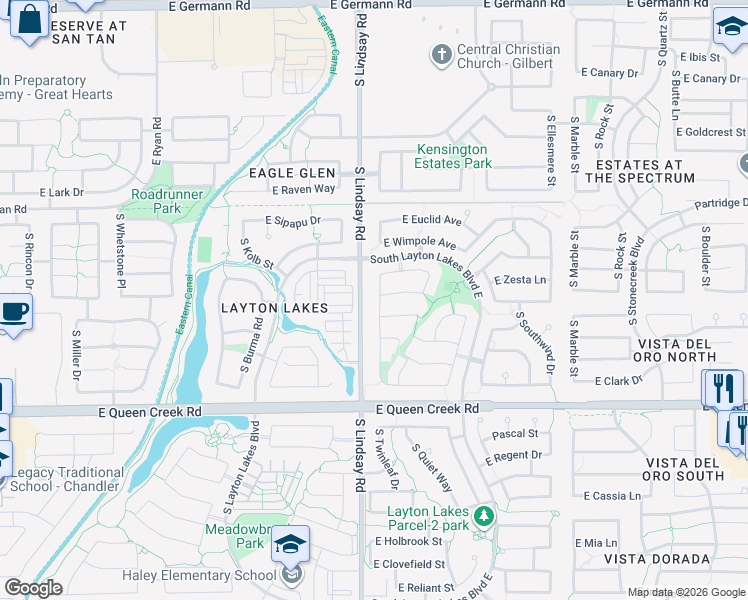 map of restaurants, bars, coffee shops, grocery stores, and more near 4584 South Twinleaf Drive in Gilbert