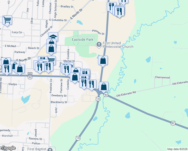map of restaurants, bars, coffee shops, grocery stores, and more near 1640 East Main Street in Magnolia
