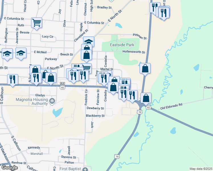 map of restaurants, bars, coffee shops, grocery stores, and more near 1412 E Main St in Magnolia