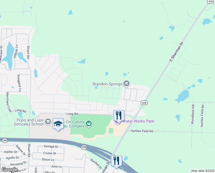 map of restaurants, bars, coffee shops, grocery stores, and more near 2400 Long Road in Denton