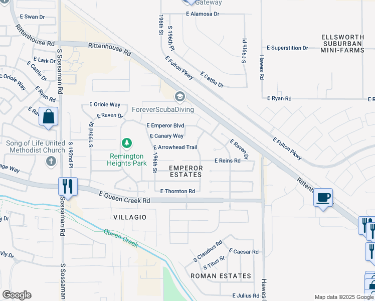 map of restaurants, bars, coffee shops, grocery stores, and more near 19739 E Arrowhead Trail in Queen Creek