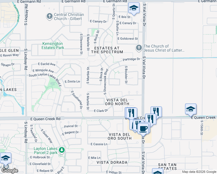 map of restaurants, bars, coffee shops, grocery stores, and more near 1365 East Lark Street in Gilbert