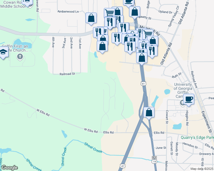 map of restaurants, bars, coffee shops, grocery stores, and more near 121 Tuscany Lane in Griffin