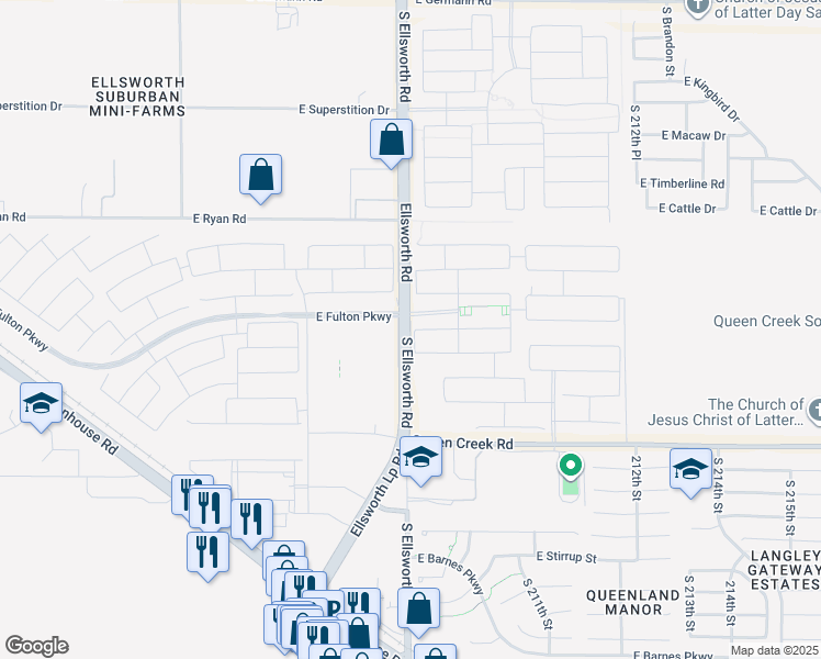 map of restaurants, bars, coffee shops, grocery stores, and more near 20133 South Ellsworth Road in Queen Creek