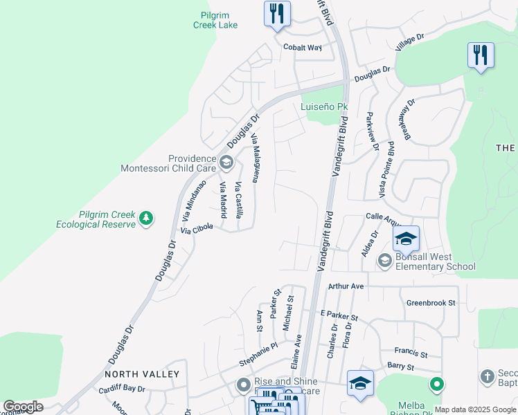 map of restaurants, bars, coffee shops, grocery stores, and more near 5122 Via Malaguena in Oceanside