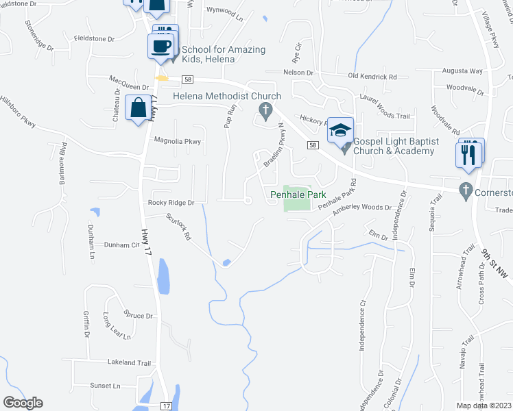 map of restaurants, bars, coffee shops, grocery stores, and more near 2710 Braelinn Parkway North in Helena