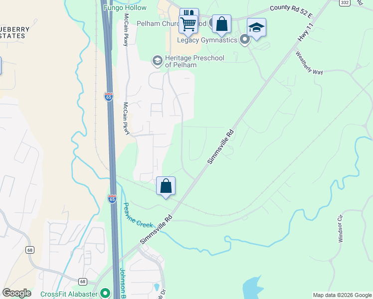 map of restaurants, bars, coffee shops, grocery stores, and more near Huntley Parkway in Pelham