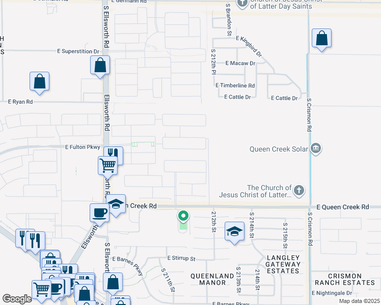 map of restaurants, bars, coffee shops, grocery stores, and more near 21186 East Reins Road in Queen Creek
