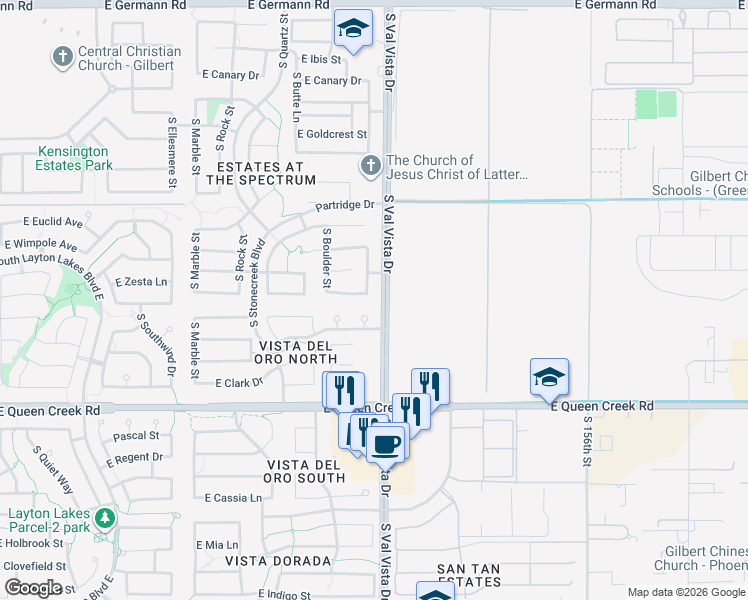 map of restaurants, bars, coffee shops, grocery stores, and more near 4577 South Redrock Street in Gilbert
