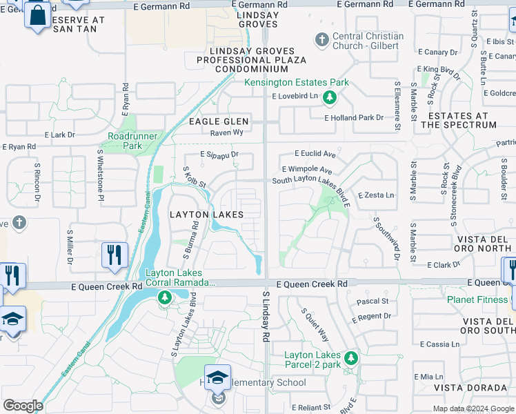 map of restaurants, bars, coffee shops, grocery stores, and more near 4584 South Twinleaf Drive in Gilbert