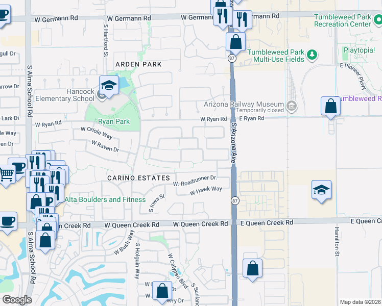 map of restaurants, bars, coffee shops, grocery stores, and more near 193 West Raven Drive in Chandler