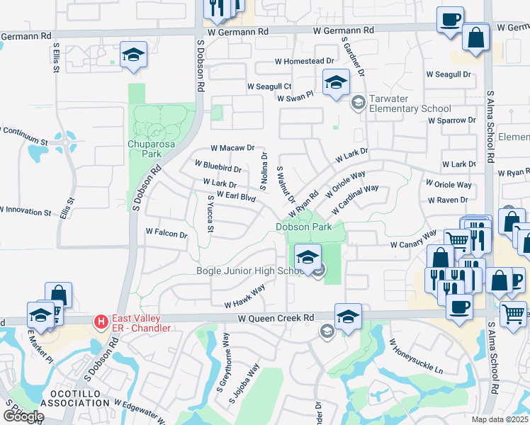 map of restaurants, bars, coffee shops, grocery stores, and more near 1741 West Lark Drive in Chandler